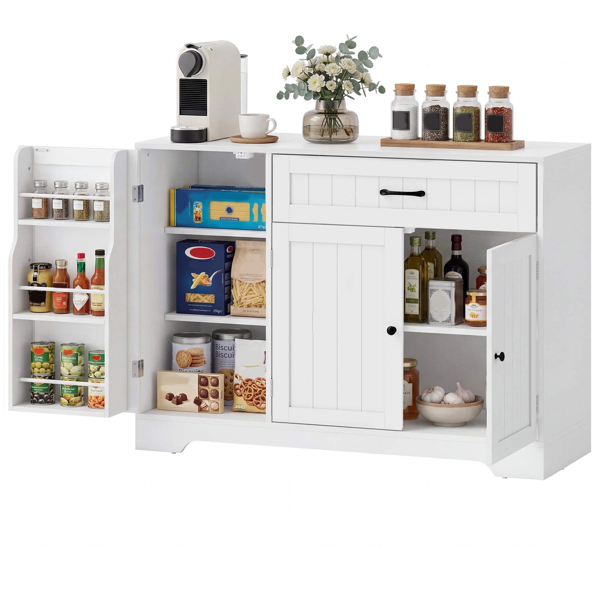 43" Kitchen Sideboard Buffet Cabinet with Door Racks - White-DECOROLALA