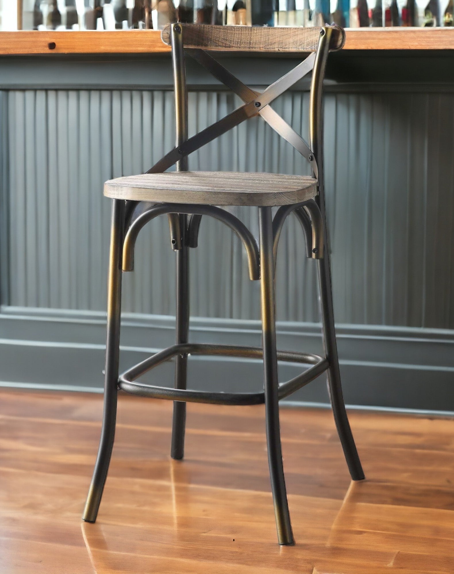 43" Oak And Black and Gold Solid Wood And Metal Bar Height Bar Chair-Bar Chairs-DECOROLALA