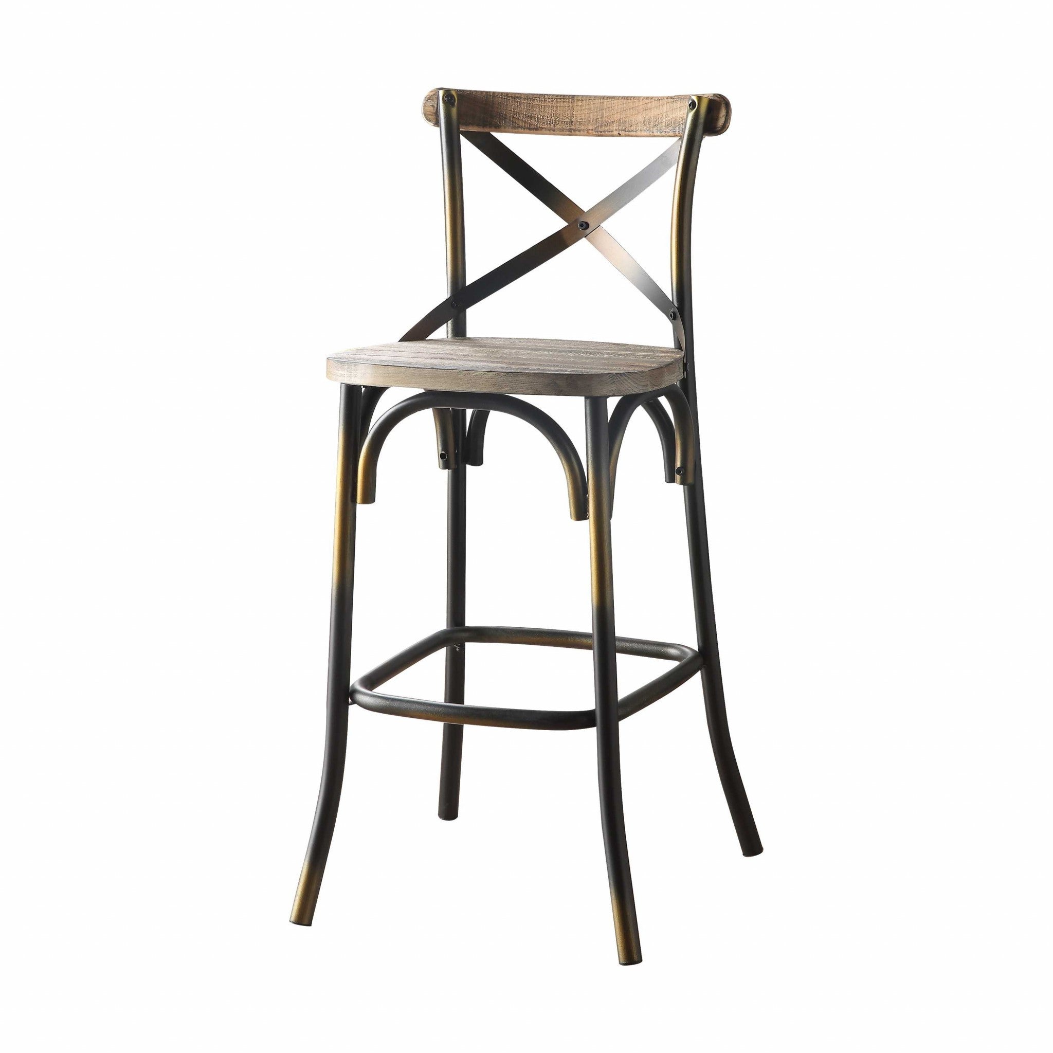 43" Oak And Black and Gold Solid Wood And Metal Bar Height Bar Chair-Bar Chairs-DECOROLALA