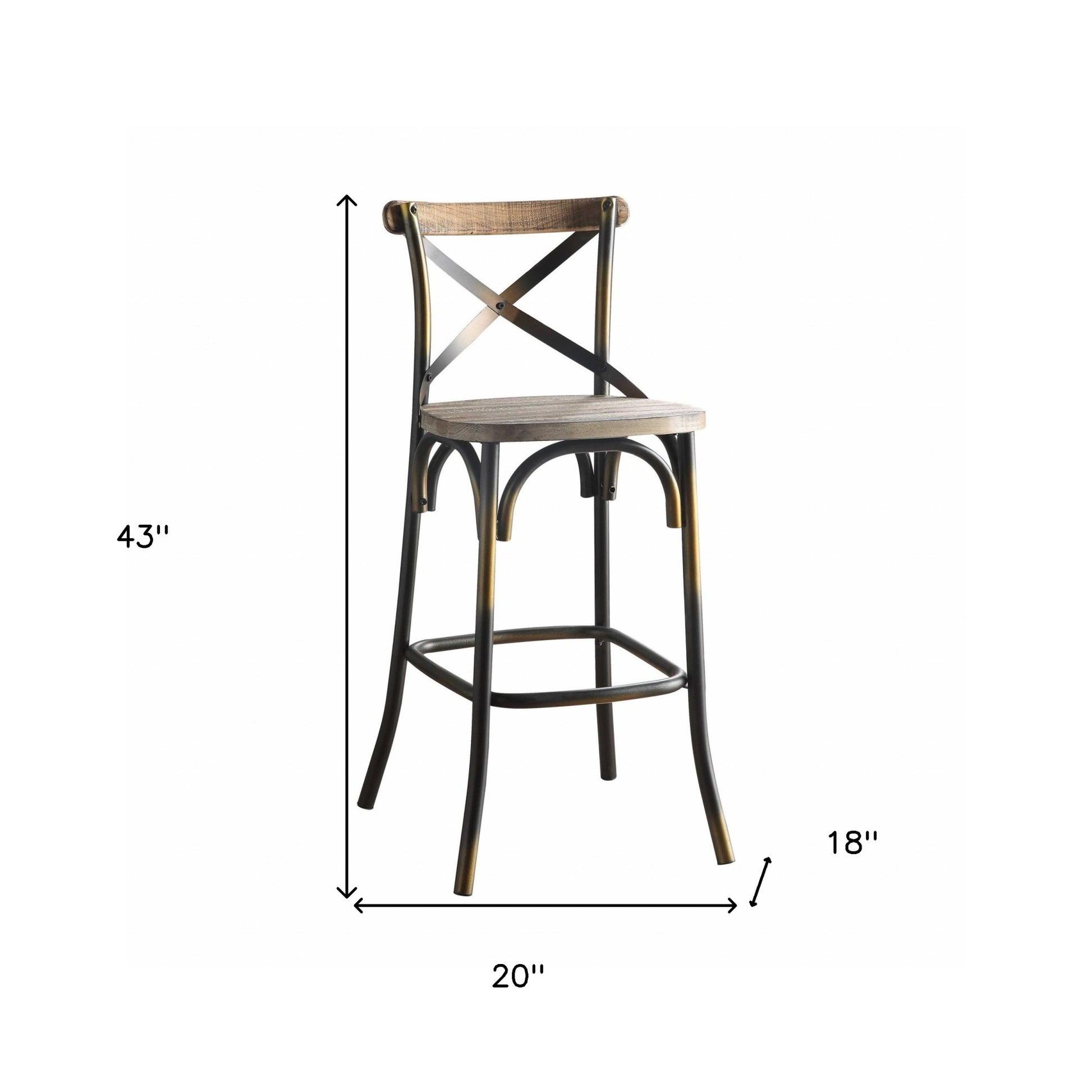 43" Oak And Black and Gold Solid Wood And Metal Bar Height Bar Chair-Bar Chairs-DECOROLALA