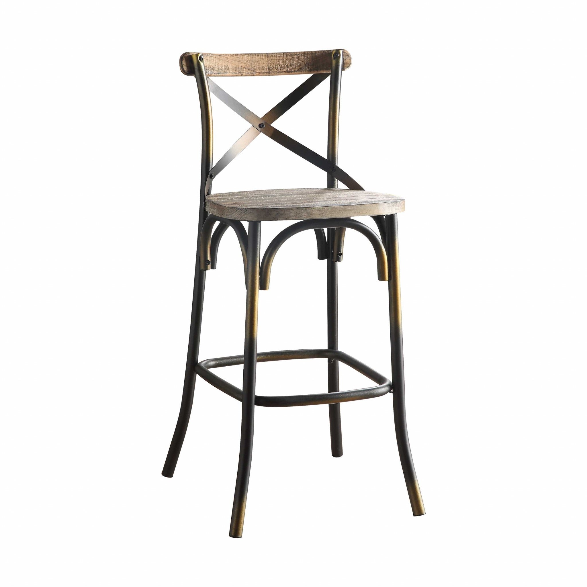 43" Oak And Black and Gold Solid Wood And Metal Bar Height Bar Chair-Bar Chairs-DECOROLALA