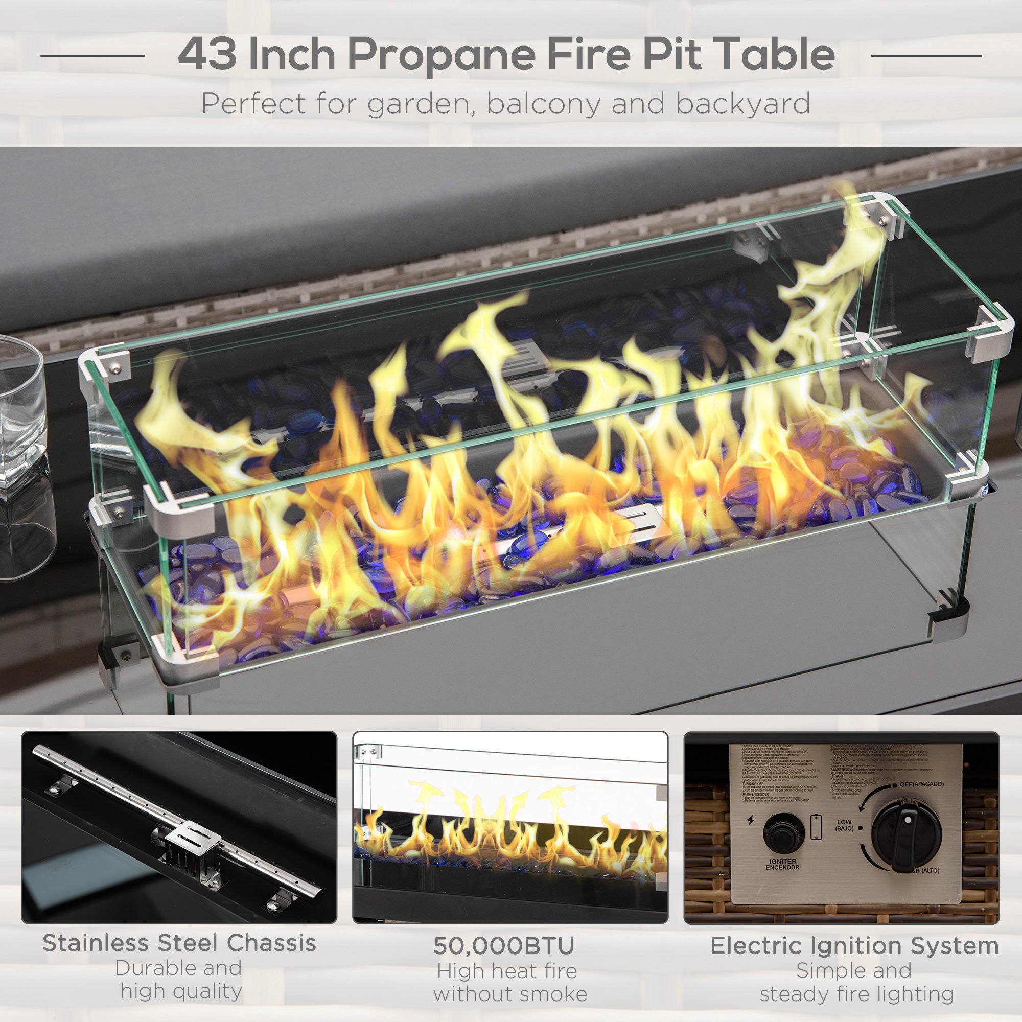 43" Outdoor Propane Fire Pit Table 50,000 BTU - Brown Rattan-Patio & Garden > Fire Pits-DECOROLALA