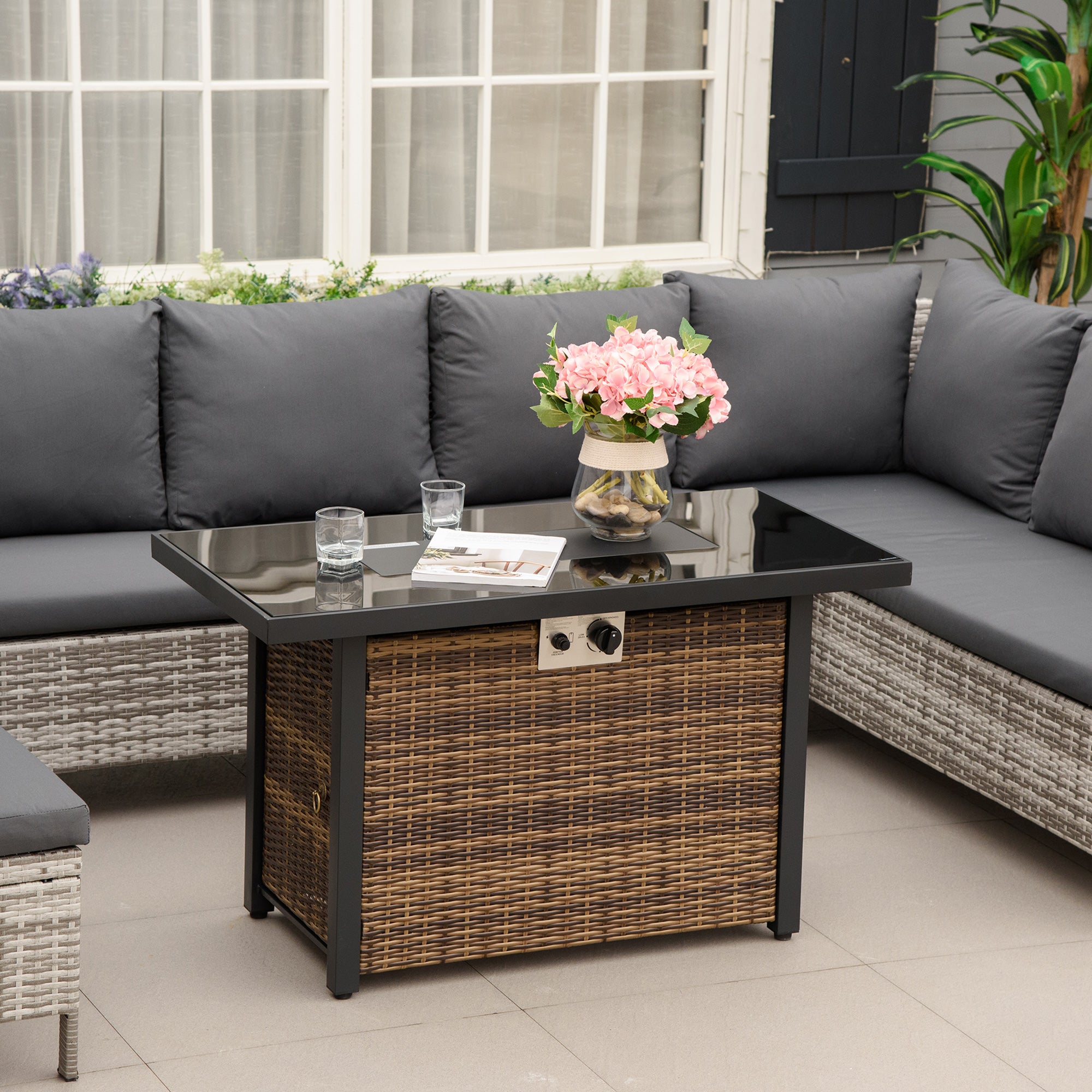 43" Outdoor Propane Fire Pit Table 50,000 BTU - Brown Rattan-Patio & Garden > Fire Pits-DECOROLALA