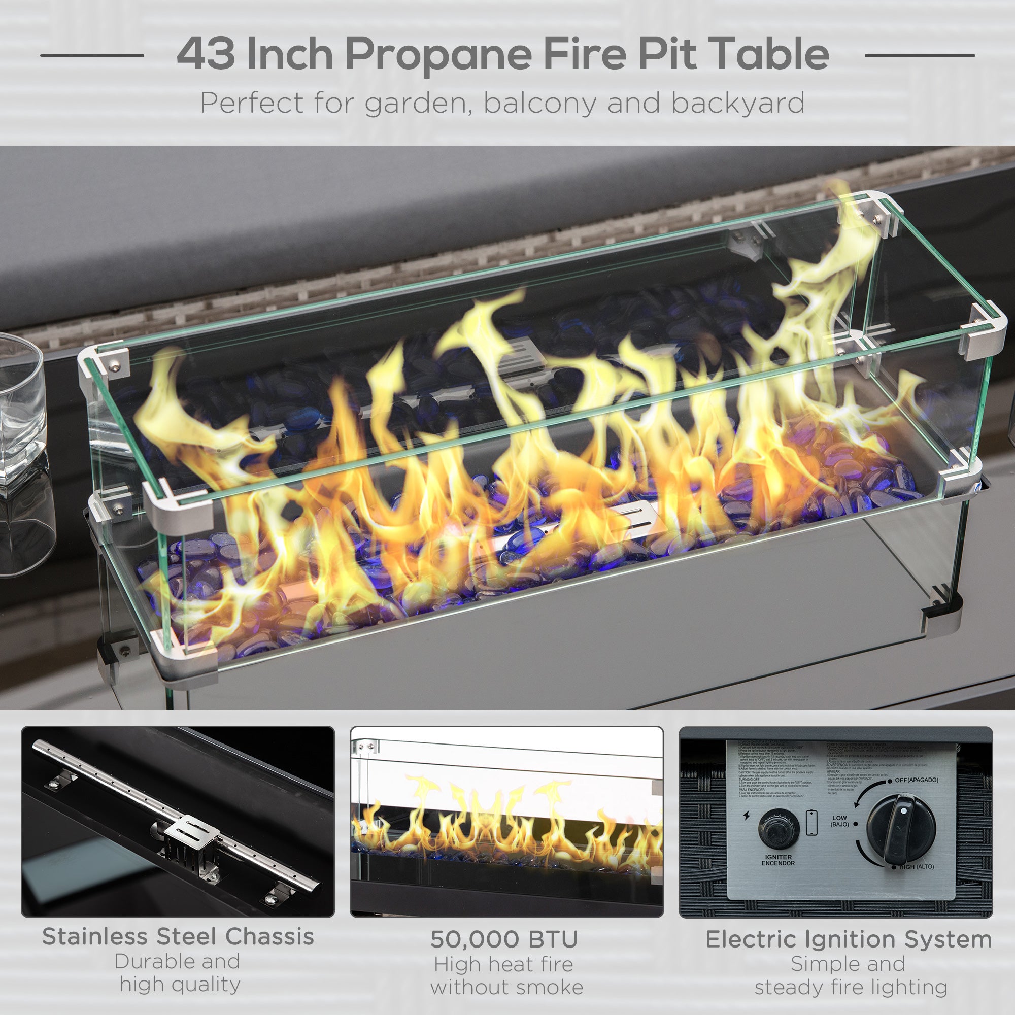 43" Propane Fire Pit Table - 50,000 BTU Wicker Black-Patio & Garden > Fire Pits-DECOROLALA