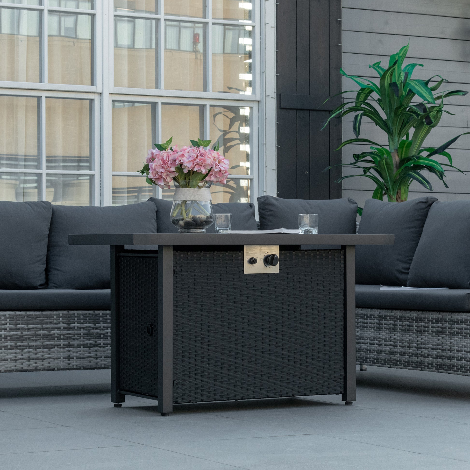 43" Propane Fire Pit Table - 50,000 BTU Wicker Black-Patio & Garden > Fire Pits-DECOROLALA