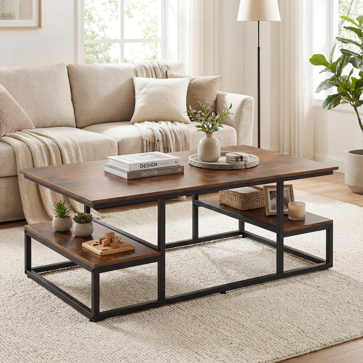 43" Rectangle Coffee Table with Storage and Open Shelves-Rusticbrown-Coffee Tables-DECOROLALA
