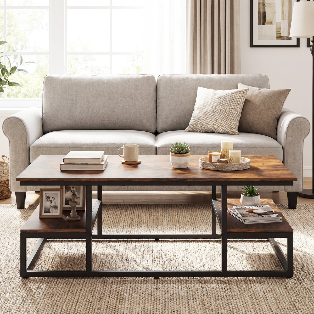 43" Rectangle Coffee Table with Storage and Open Shelves-Rusticbrown-Coffee Tables-DECOROLALA