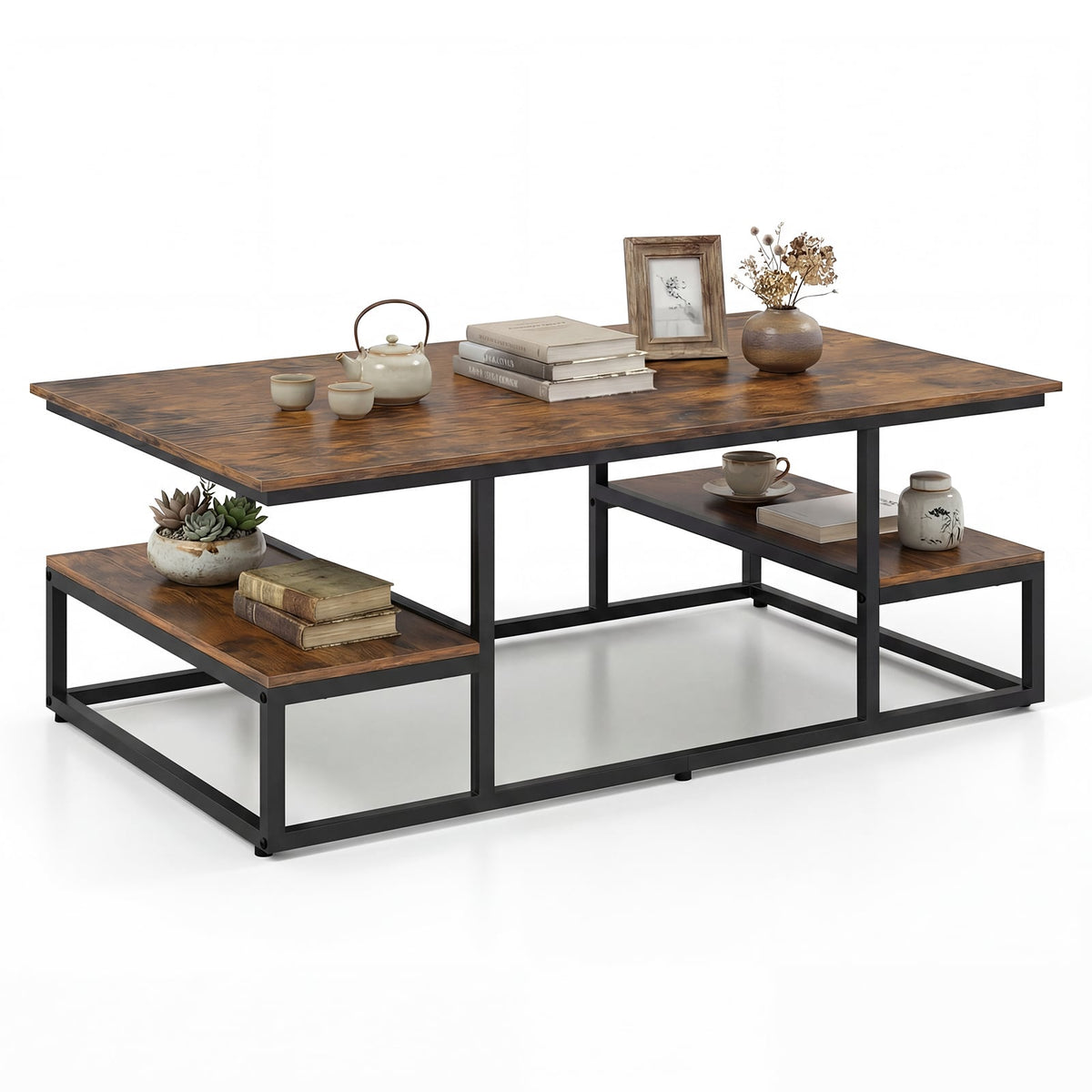 43" Rectangle Coffee Table with Storage and Open Shelves-Rusticbrown-Coffee Tables-DECOROLALA