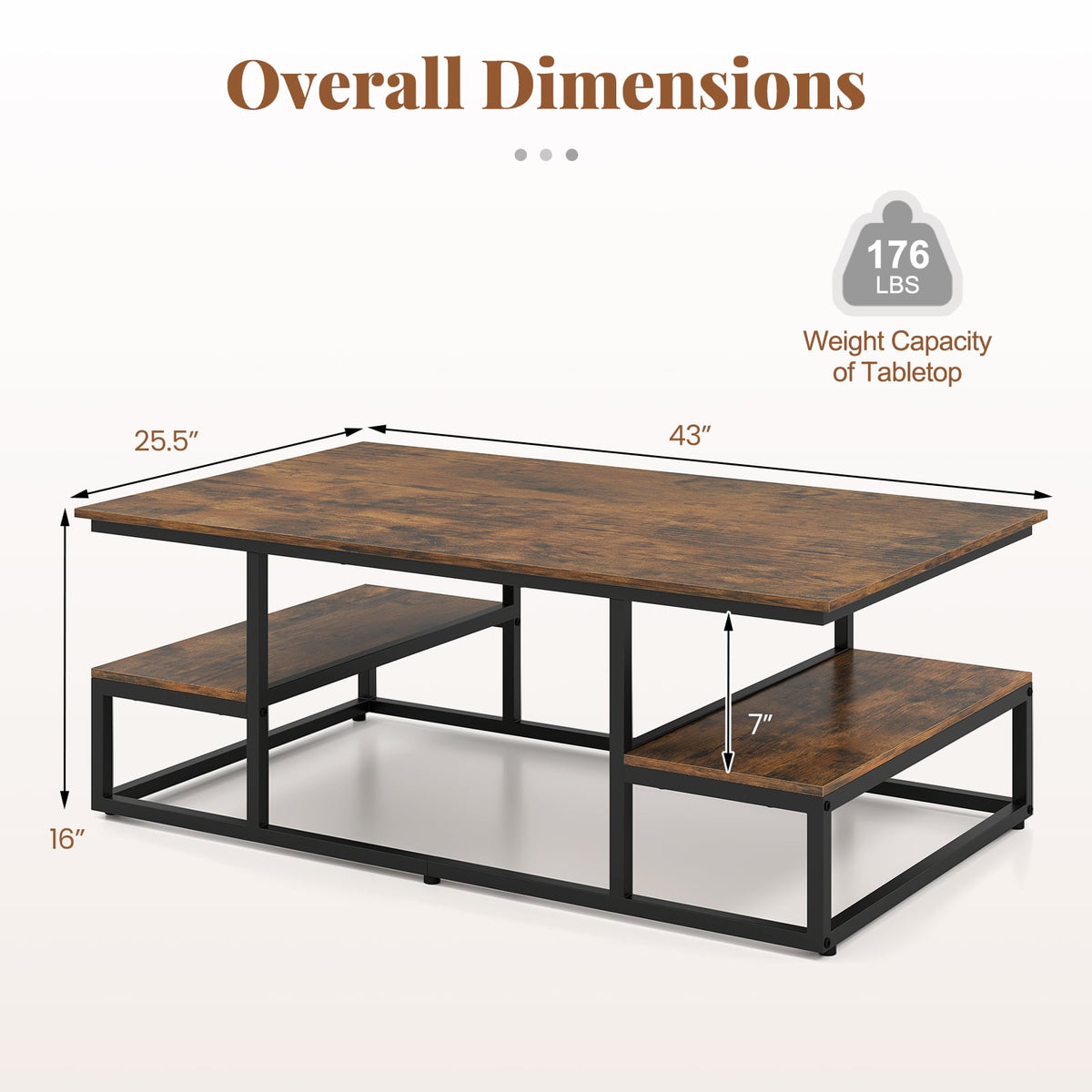 43" Rectangle Coffee Table with Storage and Open Shelves-Rusticbrown-Coffee Tables-DECOROLALA