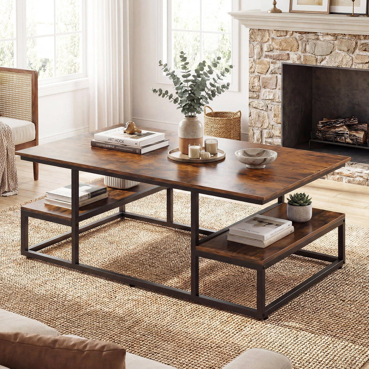 43" Rectangle Coffee Table with Storage and Open Shelves-Rusticbrown-Coffee Tables-DECOROLALA