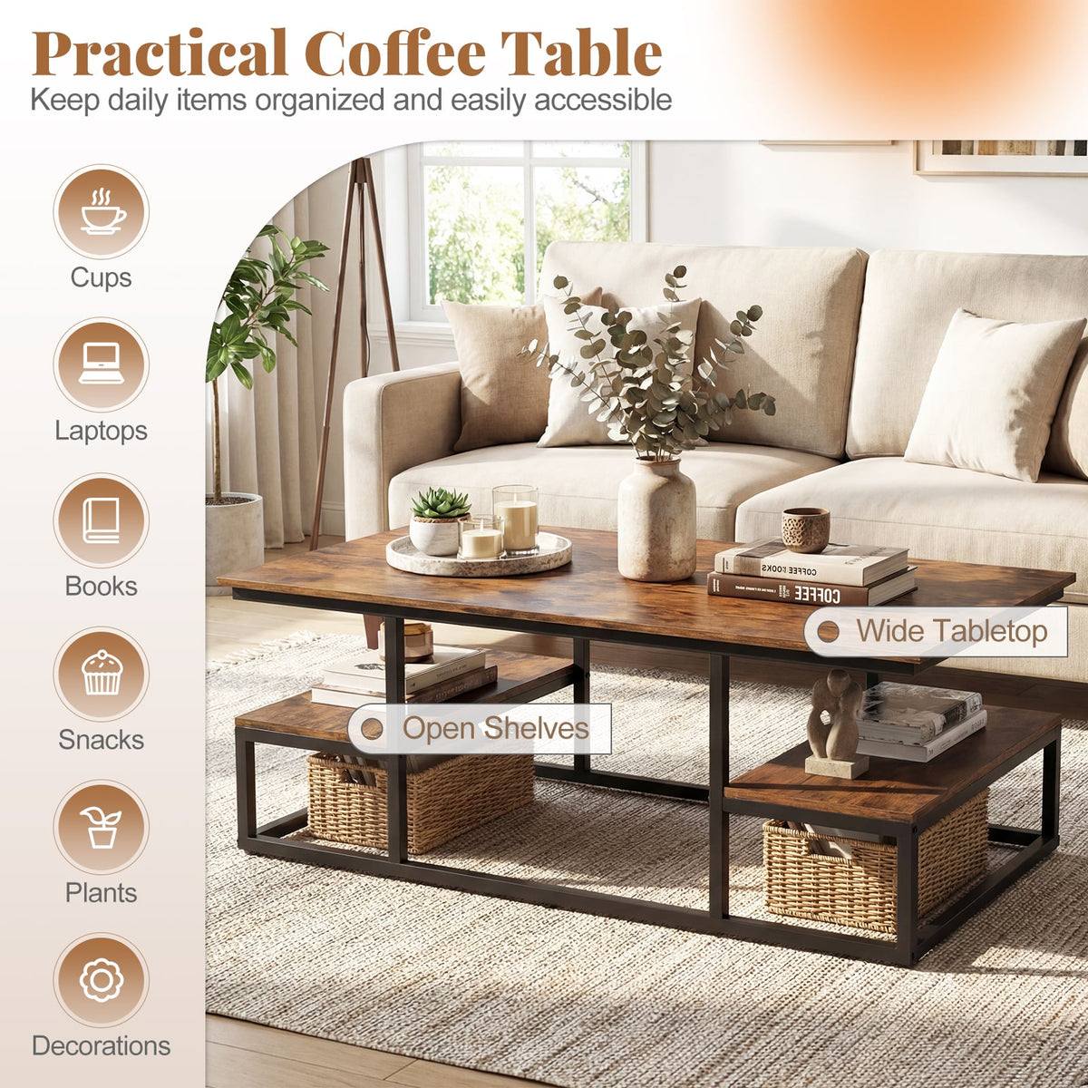 43" Rectangle Coffee Table with Storage and Open Shelves-Rusticbrown-Coffee Tables-DECOROLALA