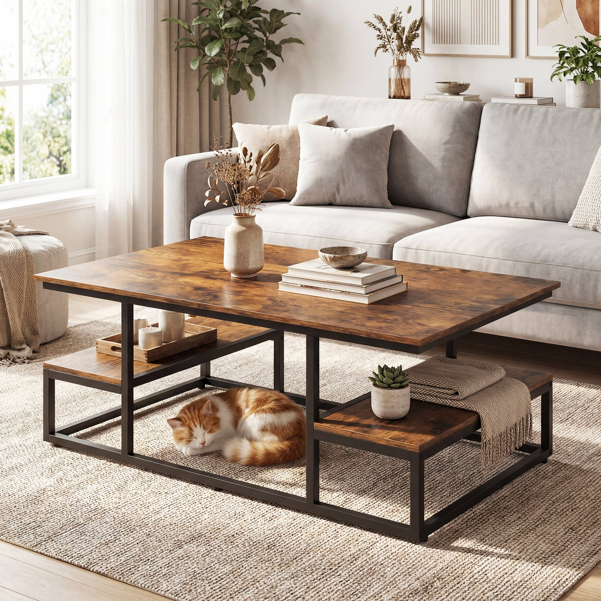 43" Rectangle Coffee Table with Storage and Open Shelves-Rusticbrown-Coffee Tables-DECOROLALA