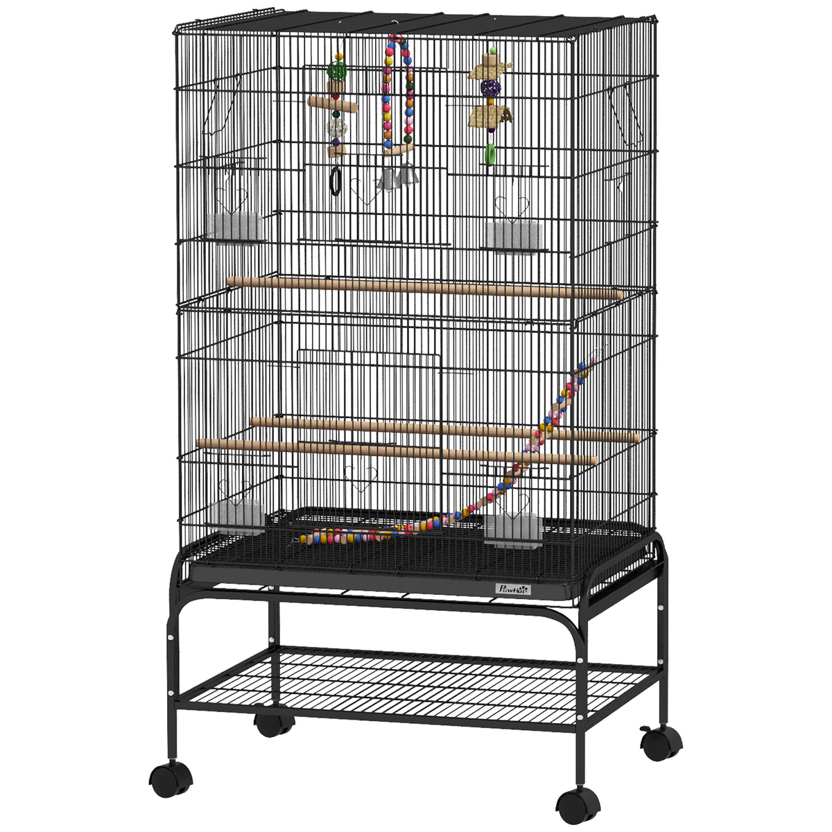 43" Steel Bird Cage with Rolling Stand and Toys - Black-Birds-DECOROLALA