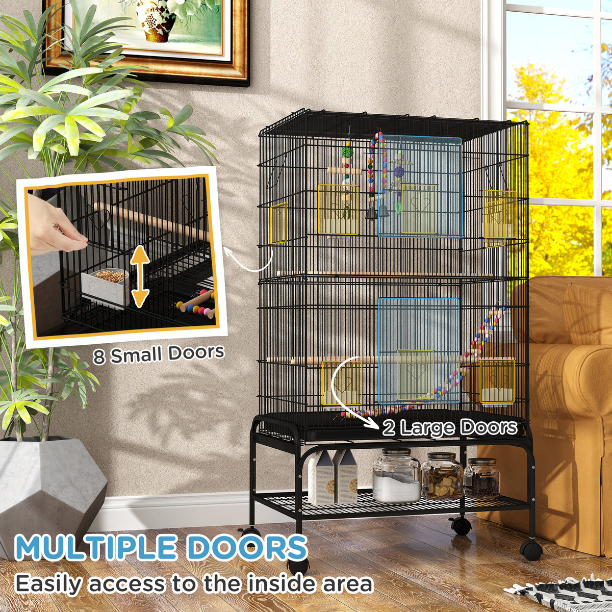 43" Steel Bird Cage with Rolling Stand and Toys - Black-Birds-DECOROLALA