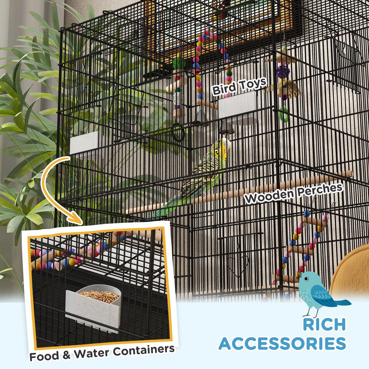 43" Steel Bird Cage with Rolling Stand and Toys - Black-Birds-DECOROLALA