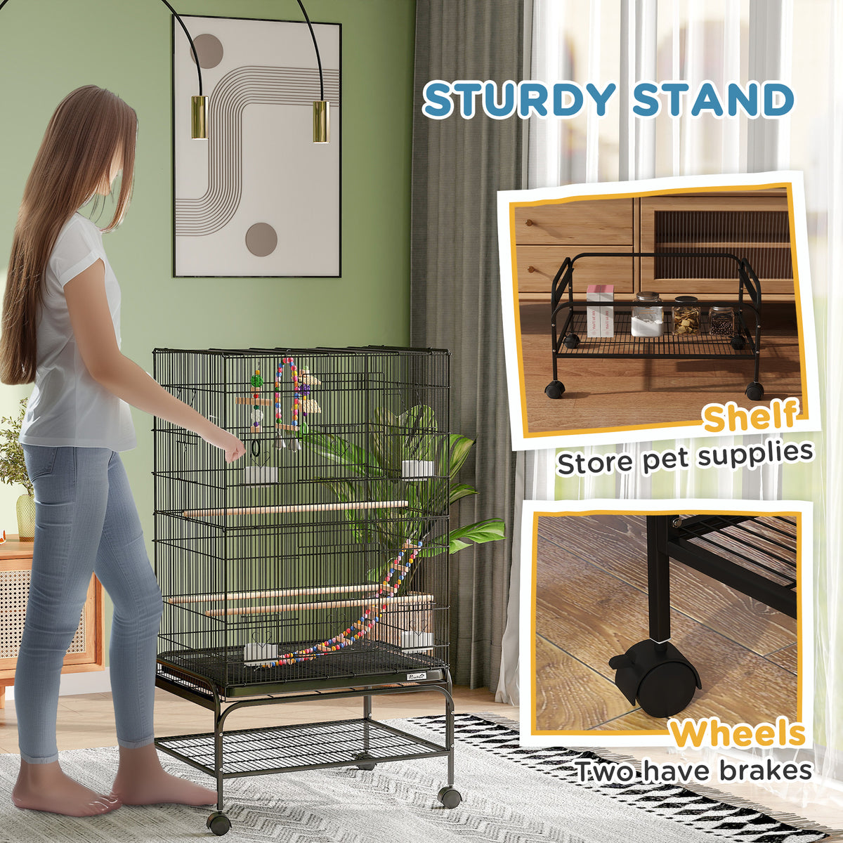 43" Steel Bird Cage with Rolling Stand and Toys - Black-Birds-DECOROLALA