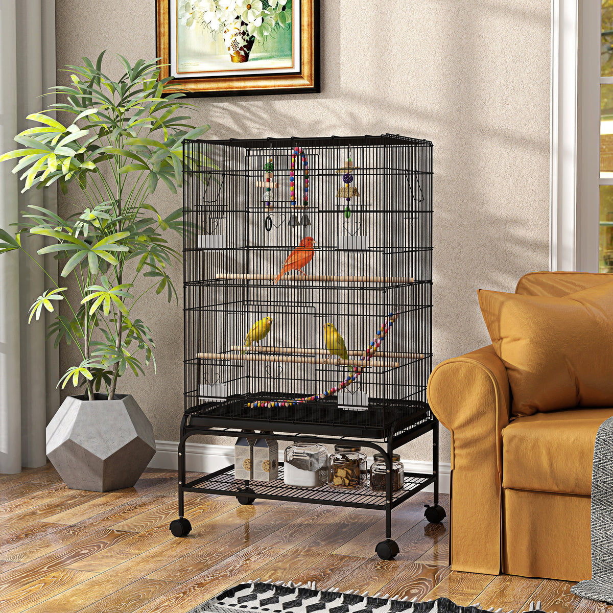 43" Steel Bird Cage with Rolling Stand and Toys - Black-Birds-DECOROLALA
