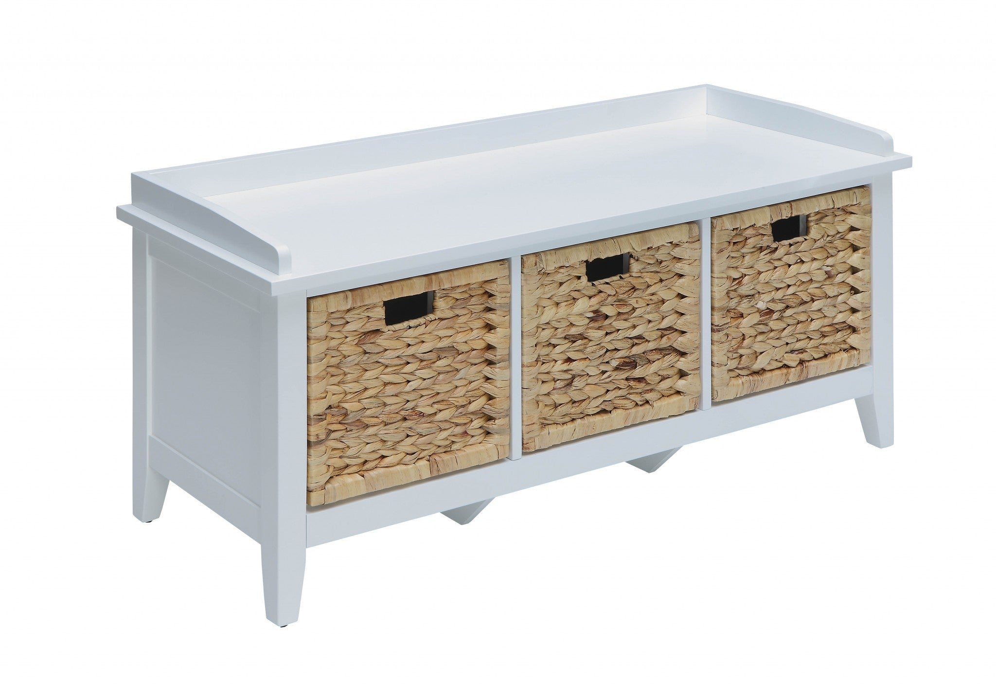 43" White Distressed Solid Wood Storage Bench with Baskets-Benches-DECOROLALA