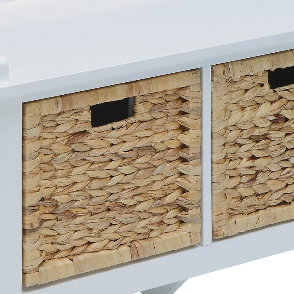 43" White Distressed Solid Wood Storage Bench with Baskets-Benches-DECOROLALA