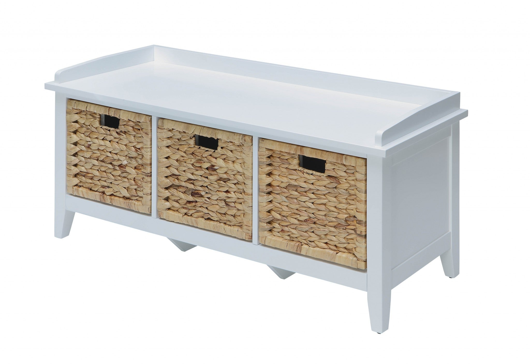 43" White Distressed Solid Wood Storage Bench with Baskets-Benches-DECOROLALA