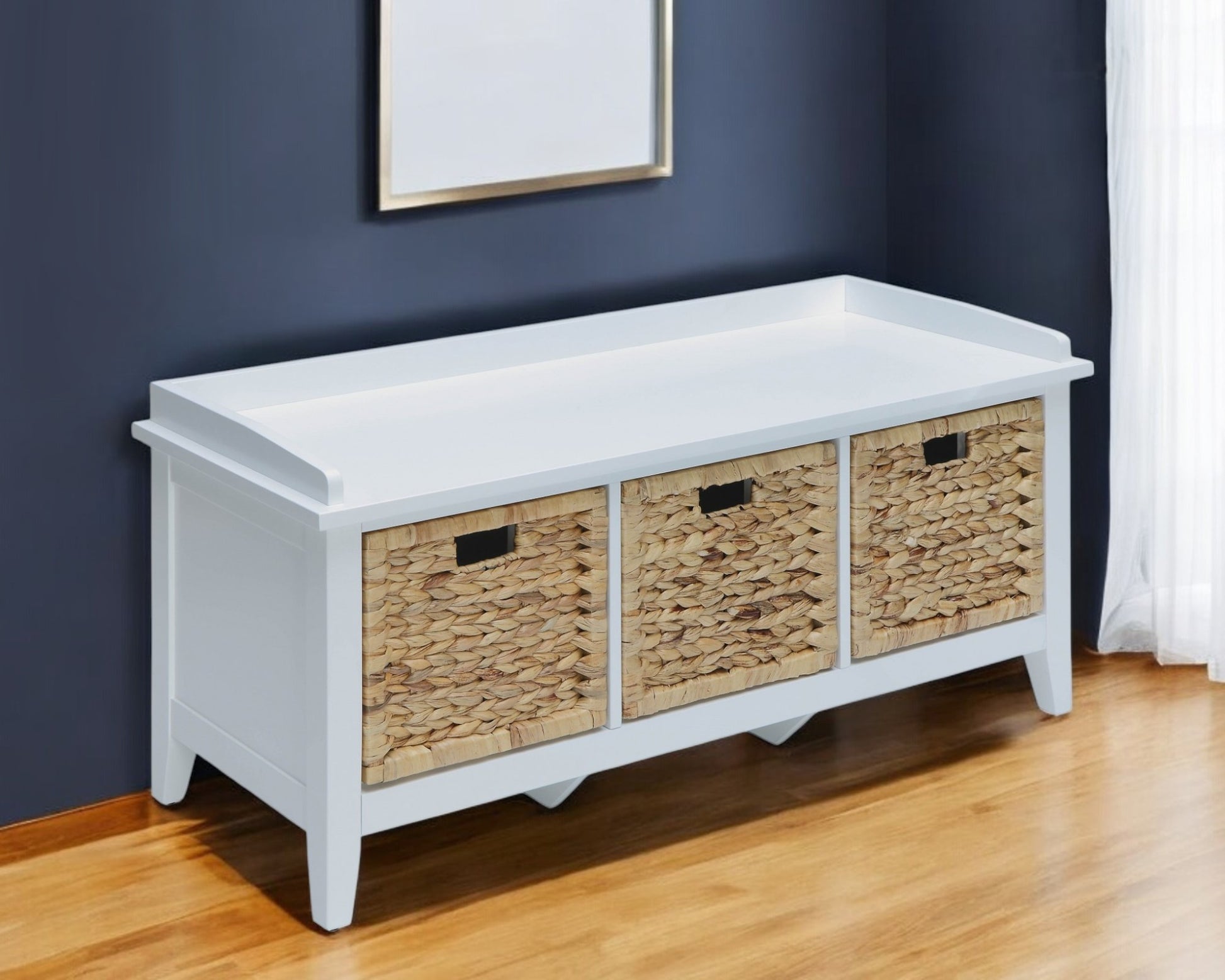 43" White Distressed Solid Wood Storage Bench with Baskets-Benches-DECOROLALA