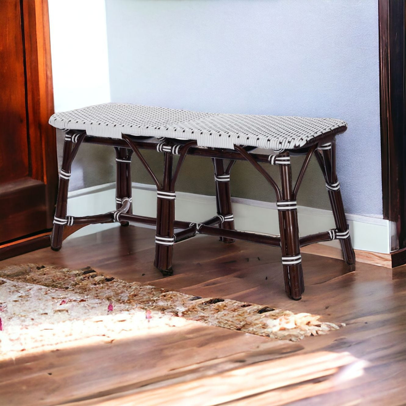 43" White and Dark Brown Rattan and Wicker Bench-Benches-DECOROLALA