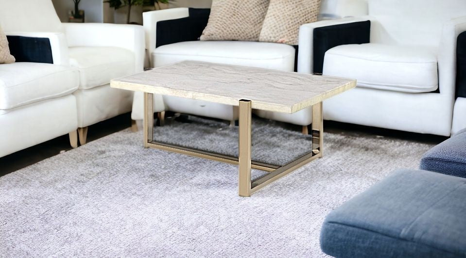43" White and Gold Faux Marble And Iron Frame Coffee Table-Coffee Tables-DECOROLALA