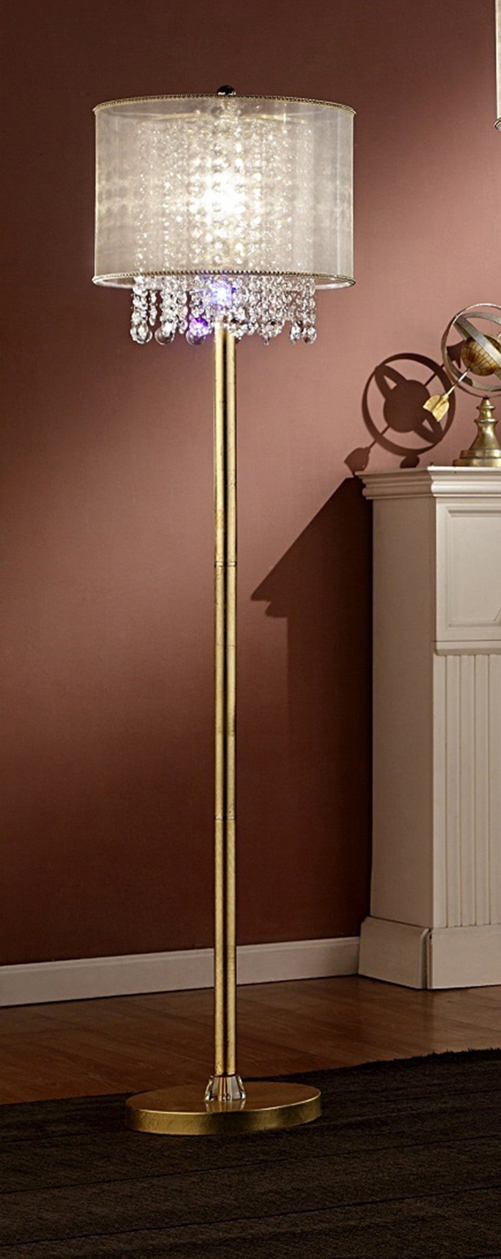65" Gold And White Novelty Floor Lamp With White Fabric Drum Shade-Floor Lamps-DECOROLALA