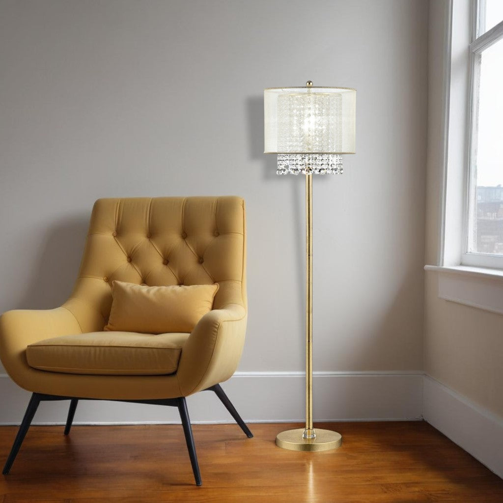 65" Gold And White Novelty Floor Lamp With White Fabric Drum Shade-Floor Lamps-DECOROLALA