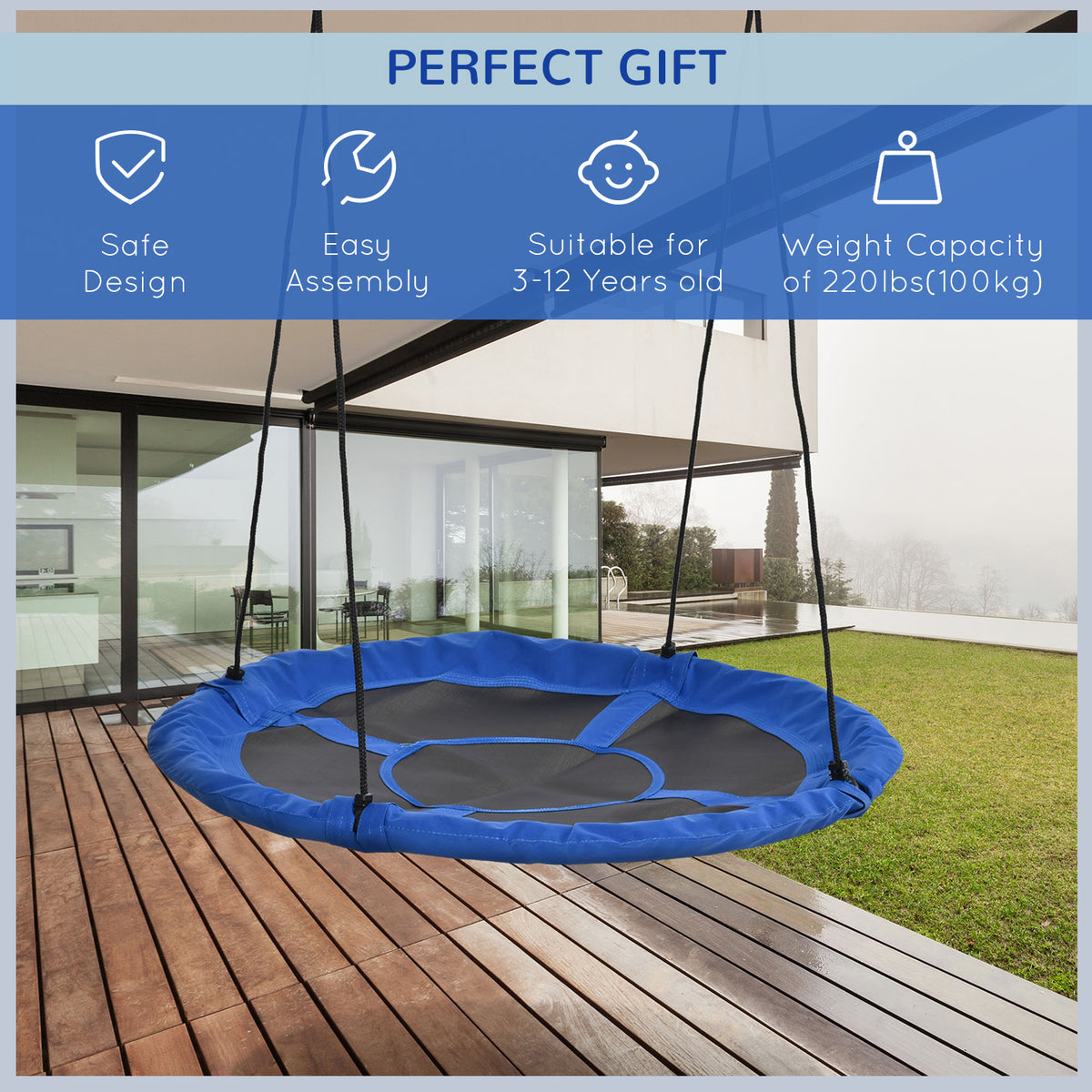 43.25" Saucer Swing, Nest Web Rope Seat with Adjustable Hanging Ropes, for Indoor Outdoor Children 3-12 Years Old, Blue-Toys & Games > Kids Outdoor Play > Gym Sets & Swings-DECOROLALA