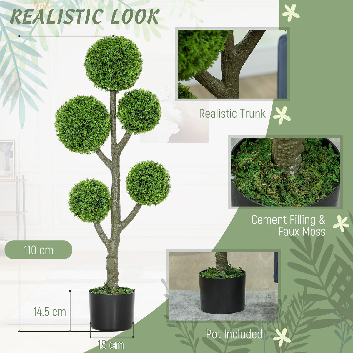43.3" Artificial Ball Cypress Topiary Tree, Fake Plant in Pot for Indoor Outdoor Living Room Green-Artificial Trees-DECOROLALA