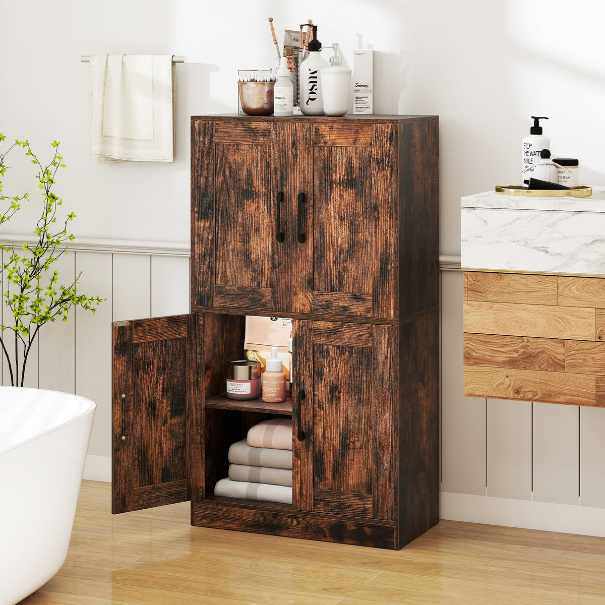 43.5" Bathroom Storage Cabinet - Rustic Brown Adjustable Shelves-Floor Cabinets-DECOROLALA