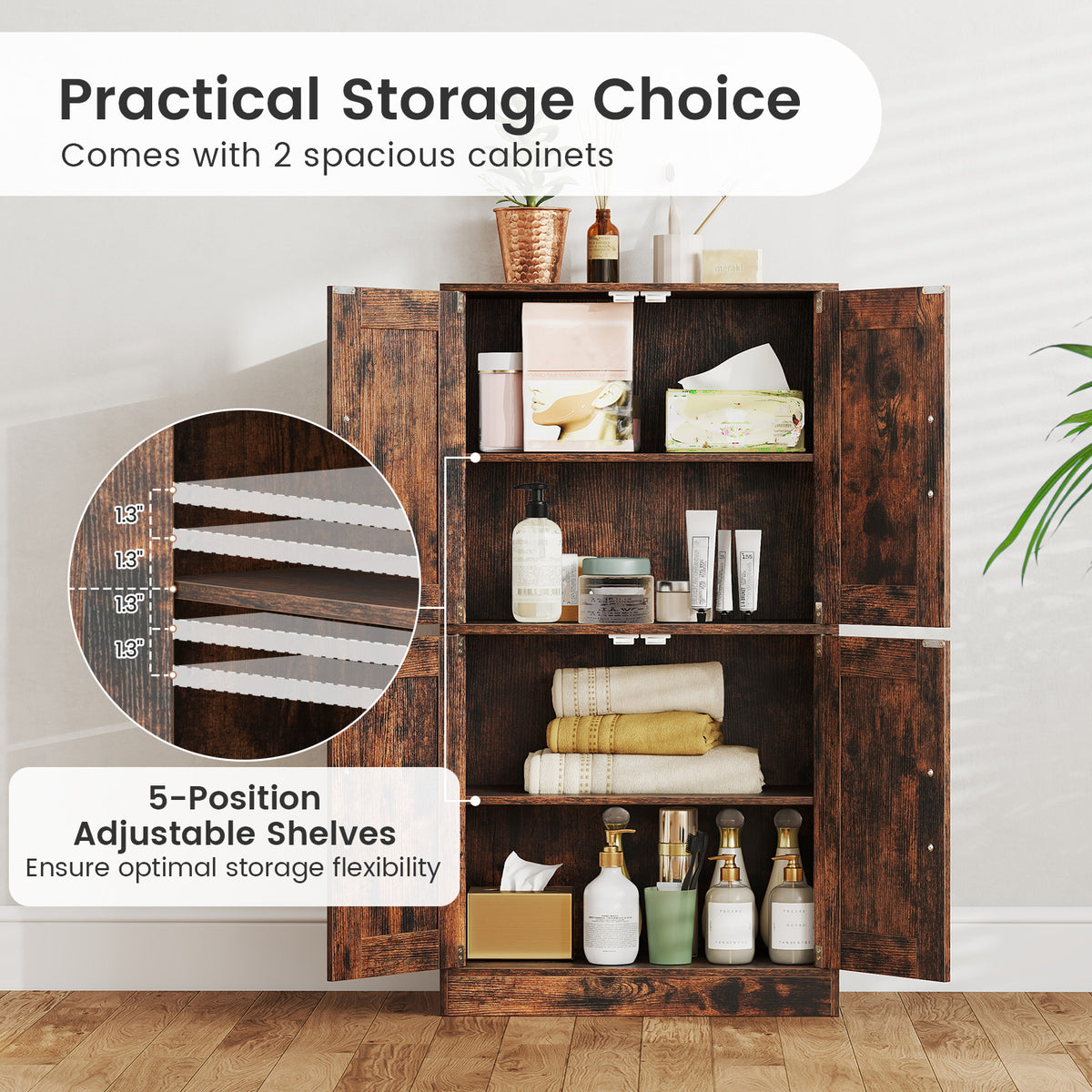 43.5" Bathroom Storage Cabinet - Rustic Brown Adjustable Shelves-Floor Cabinets-DECOROLALA
