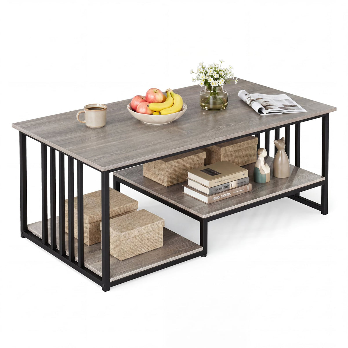 43.5" Coffee Table 2-Tier with Open Storage Shelf-Oak-Coffee Tables-DECOROLALA
