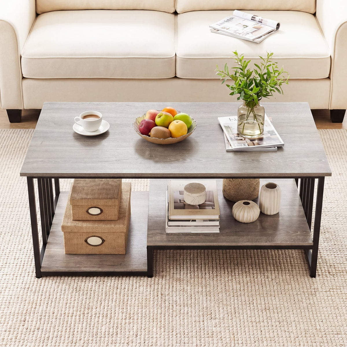 43.5" Coffee Table 2-Tier with Open Storage Shelf-Oak-Coffee Tables-DECOROLALA
