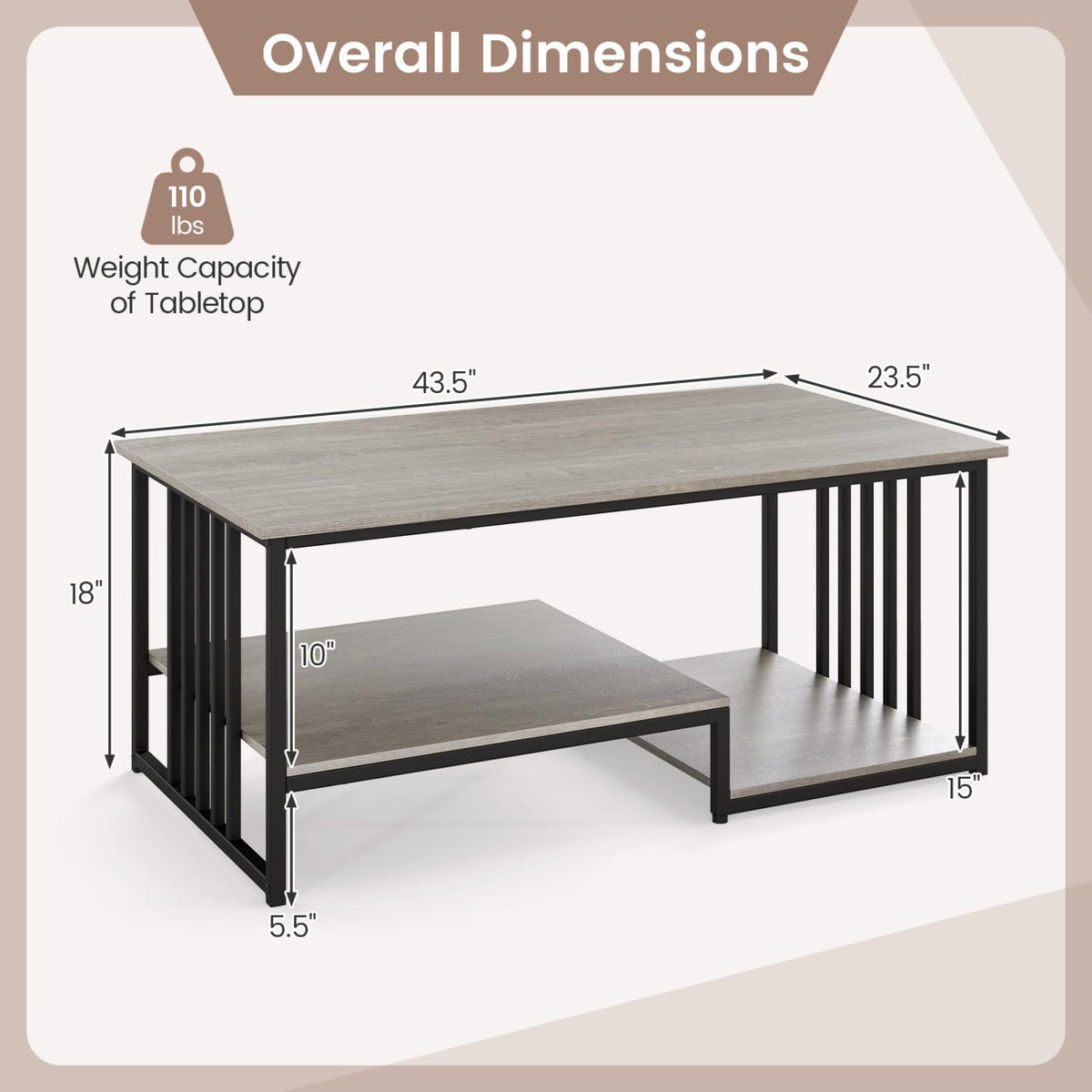 43.5" Coffee Table 2-Tier with Open Storage Shelf-Oak-Coffee Tables-DECOROLALA