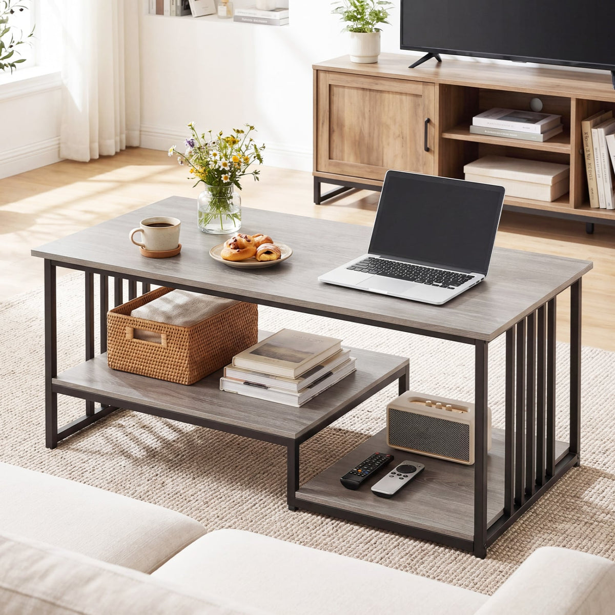 43.5" Coffee Table 2-Tier with Open Storage Shelf-Oak-Coffee Tables-DECOROLALA