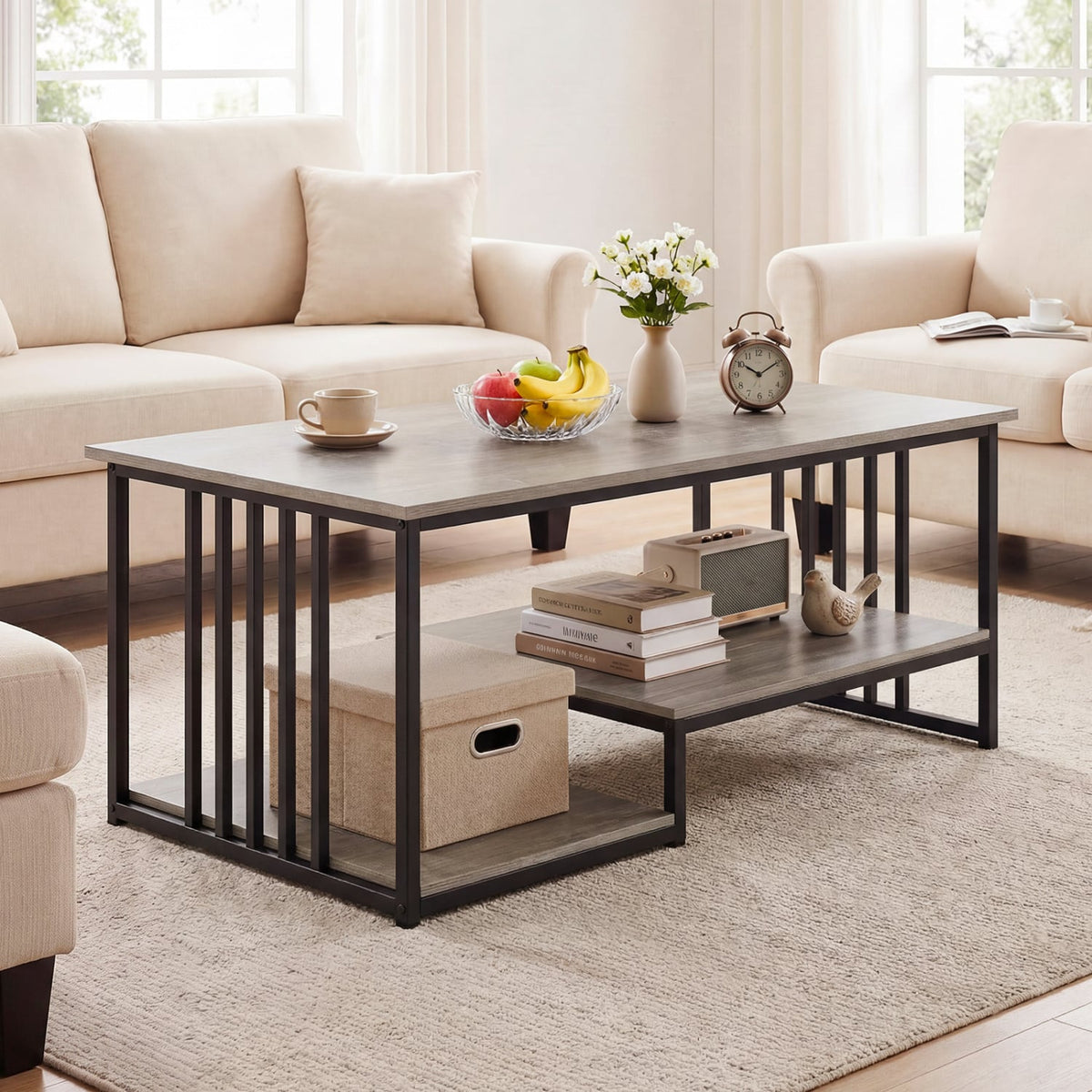43.5" Coffee Table 2-Tier with Open Storage Shelf-Oak-Coffee Tables-DECOROLALA