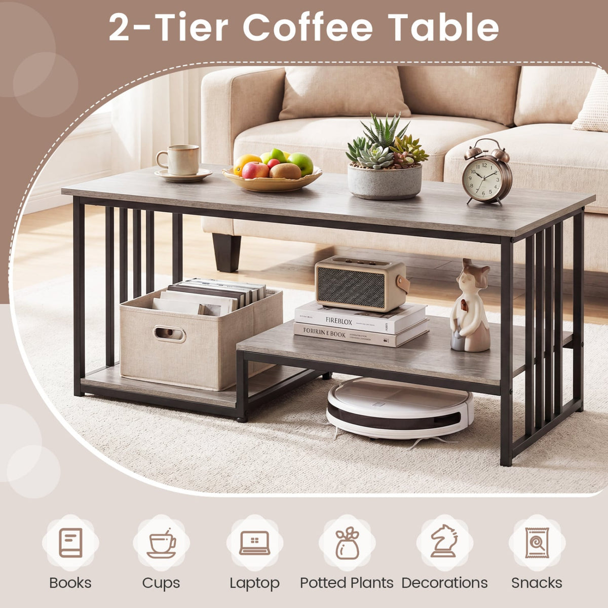 43.5" Coffee Table 2-Tier with Open Storage Shelf-Oak-Coffee Tables-DECOROLALA