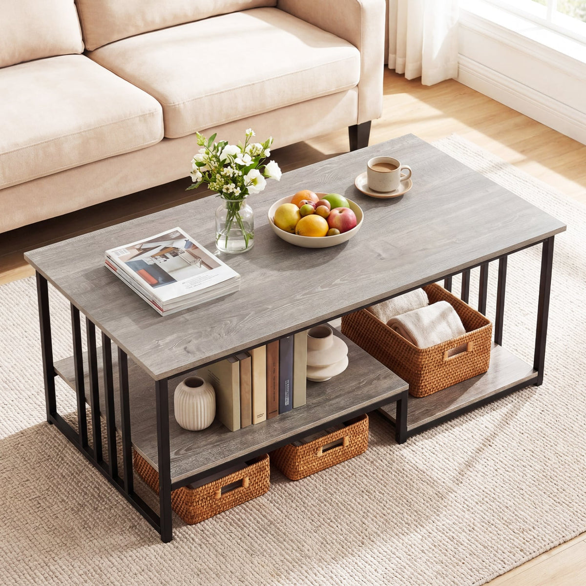43.5" Coffee Table 2-Tier with Open Storage Shelf-Oak-Coffee Tables-DECOROLALA