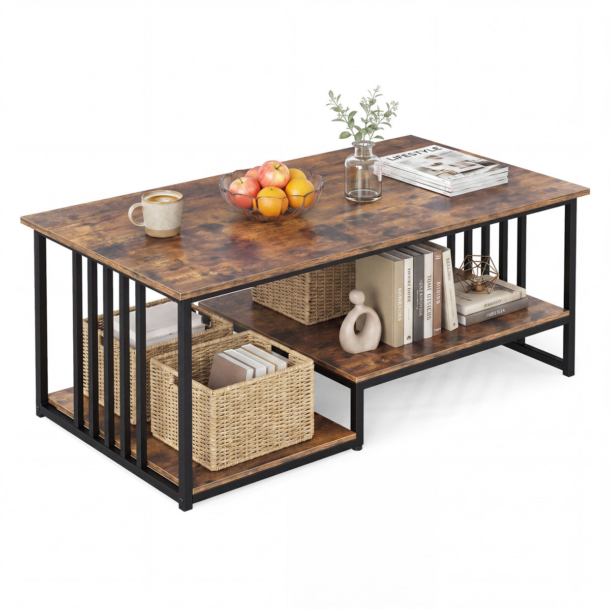 43.5" Coffee Table 2-Tier with Open Storage Shelf-RusticBrown-Coffee Tables-DECOROLALA