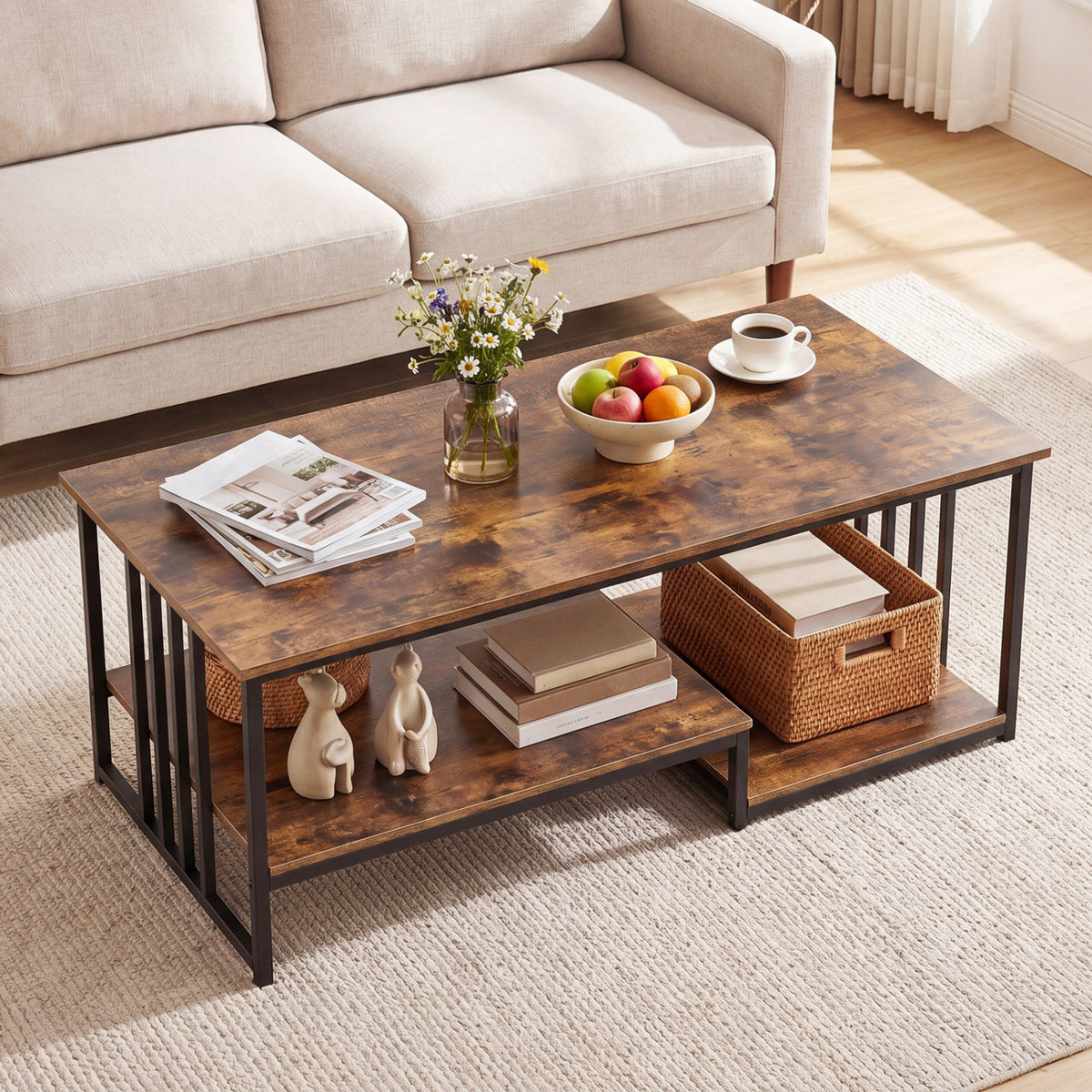 43.5" Coffee Table 2-Tier with Open Storage Shelf-RusticBrown-Coffee Tables-DECOROLALA