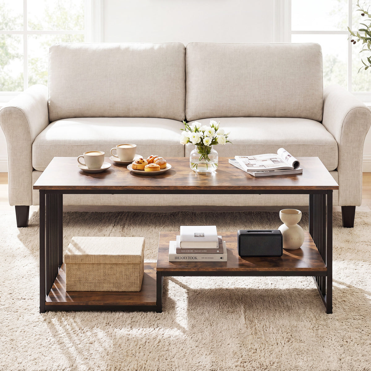 43.5" Coffee Table 2-Tier with Open Storage Shelf-RusticBrown-Coffee Tables-DECOROLALA