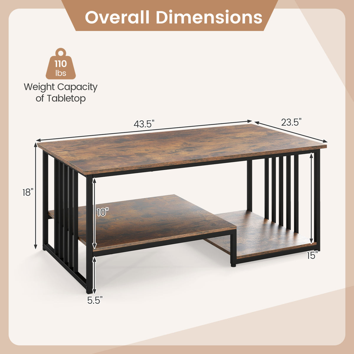 43.5" Coffee Table 2-Tier with Open Storage Shelf-RusticBrown-Coffee Tables-DECOROLALA