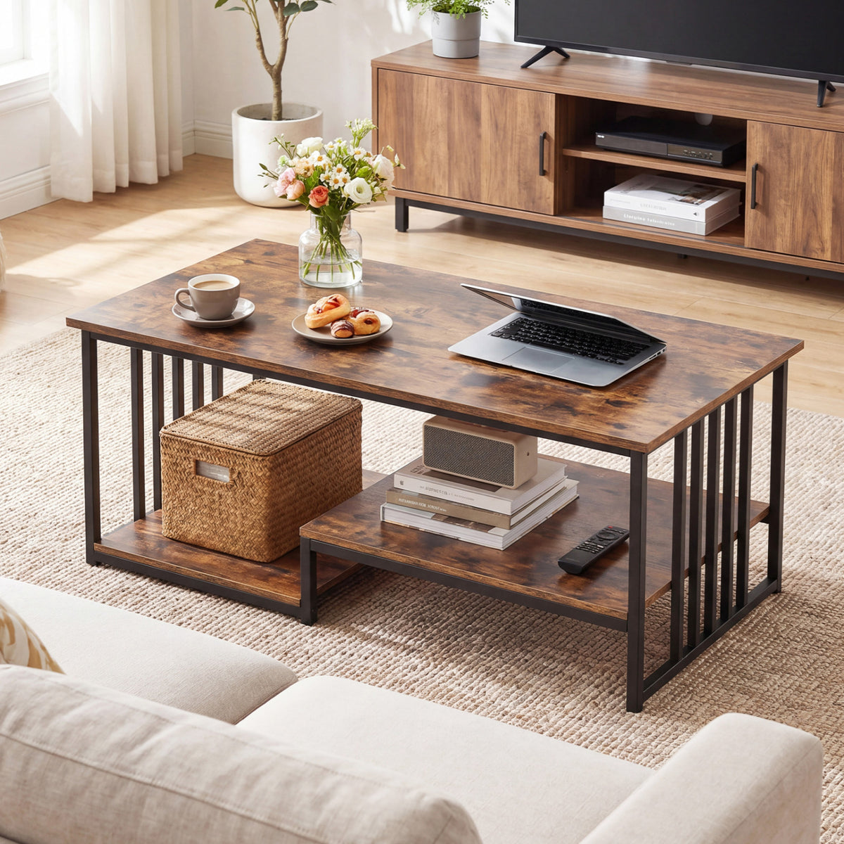 43.5" Coffee Table 2-Tier with Open Storage Shelf-RusticBrown-Coffee Tables-DECOROLALA