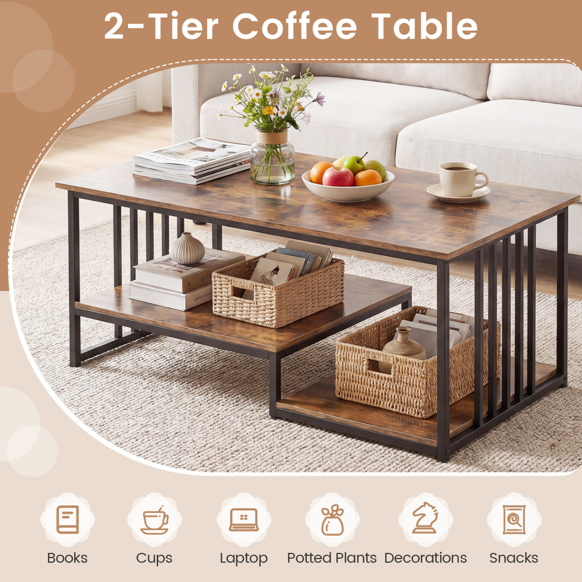 43.5" Coffee Table 2-Tier with Open Storage Shelf-RusticBrown-Coffee Tables-DECOROLALA