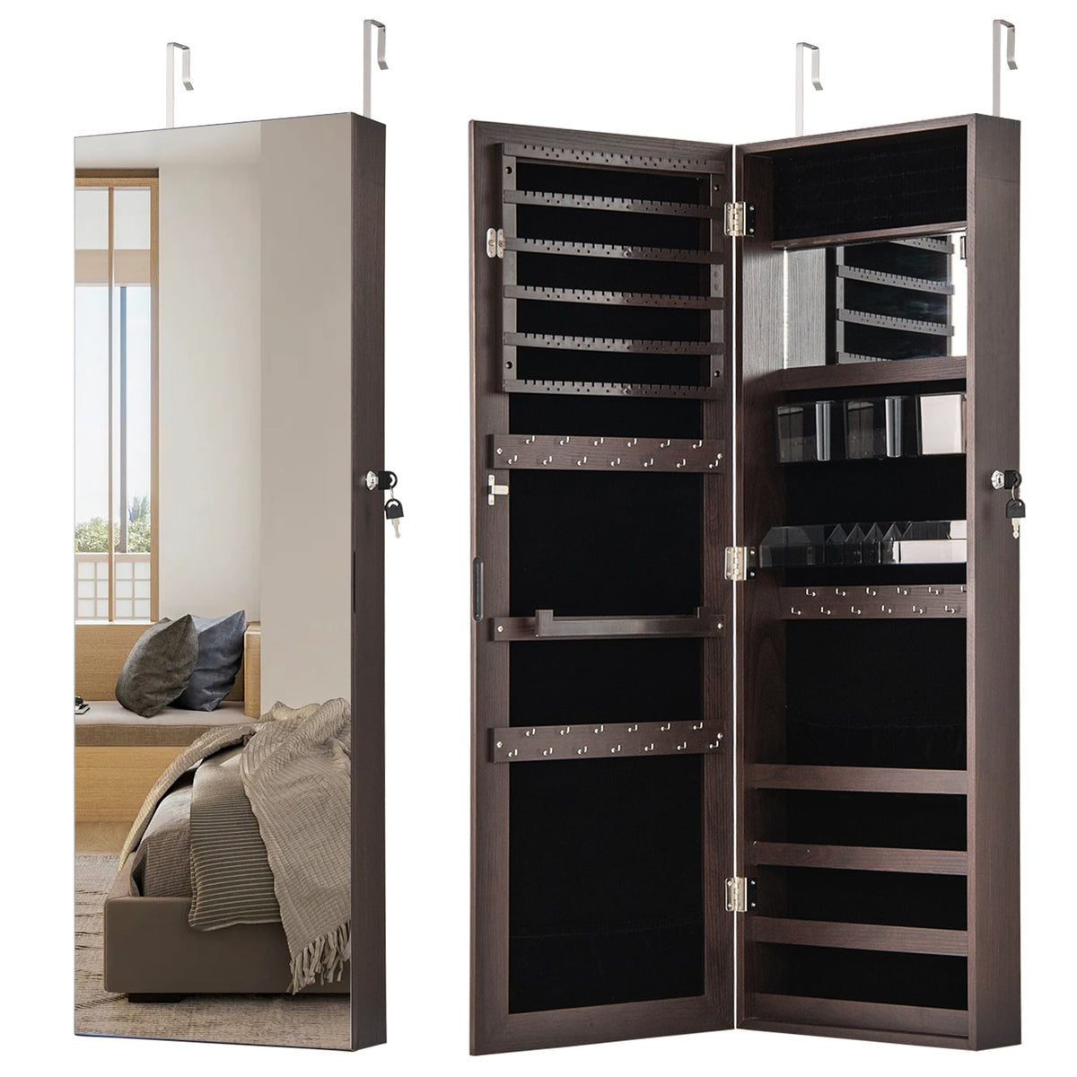 43.5 Inch Jewelry Mirror Cabinet with Full-length Mirror and Adjustable Hangers-Dark Brown-Jewelry Armoires-DECOROLALA