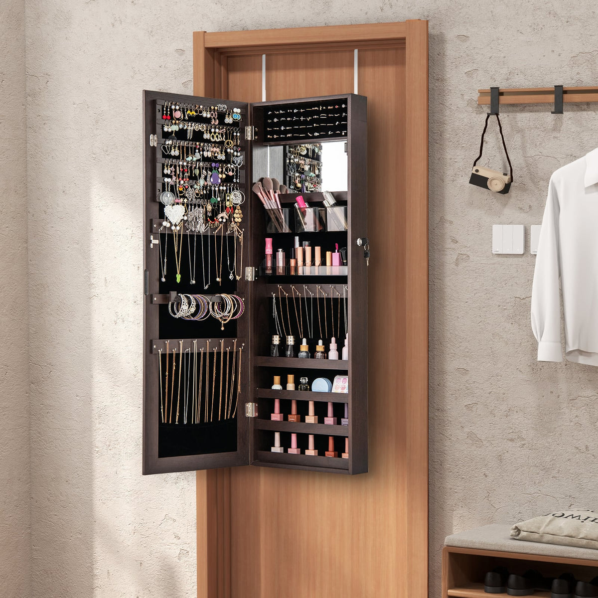 43.5 Inch Jewelry Mirror Cabinet with Full-length Mirror and Adjustable Hangers-Dark Brown-Jewelry Armoires-DECOROLALA