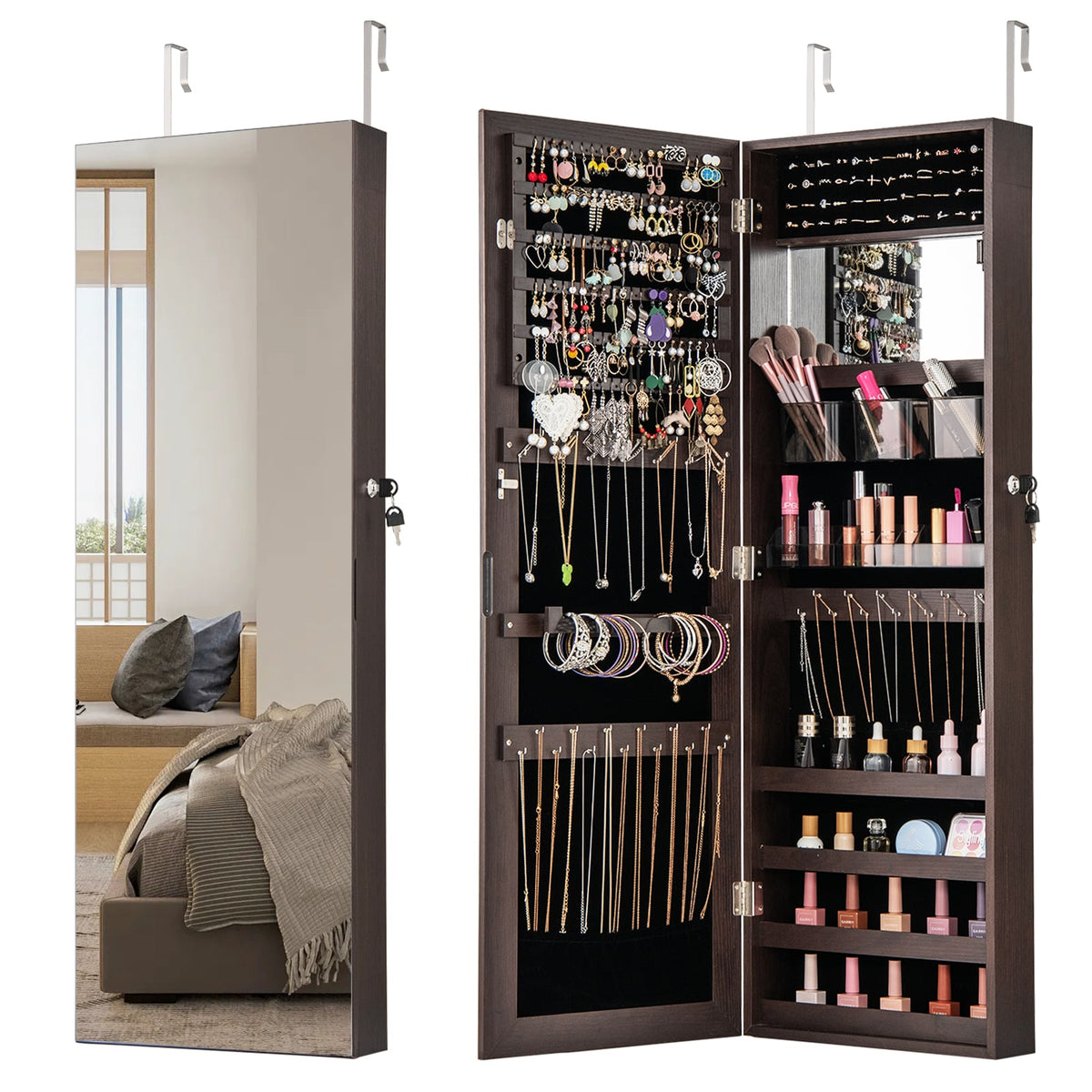 43.5 Inch Jewelry Mirror Cabinet with Full-length Mirror and Adjustable Hangers-Dark Brown-Jewelry Armoires-DECOROLALA