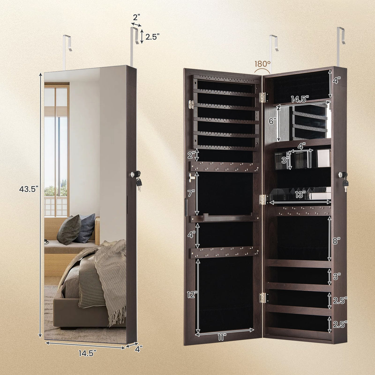 43.5 Inch Jewelry Mirror Cabinet with Full-length Mirror and Adjustable Hangers-Dark Brown-Jewelry Armoires-DECOROLALA